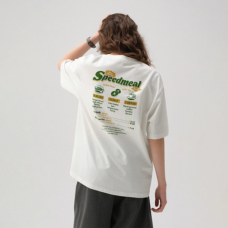 714street美式复古菜单印花短袖T恤男2025夏季新款情侣装511838