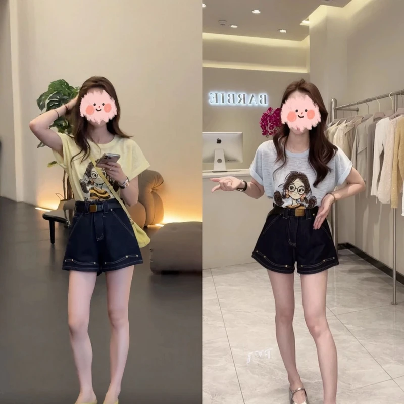 2025夏季简约休闲洋气减龄图案防晒短袖+韩版高腰A字牛仔短裤套装