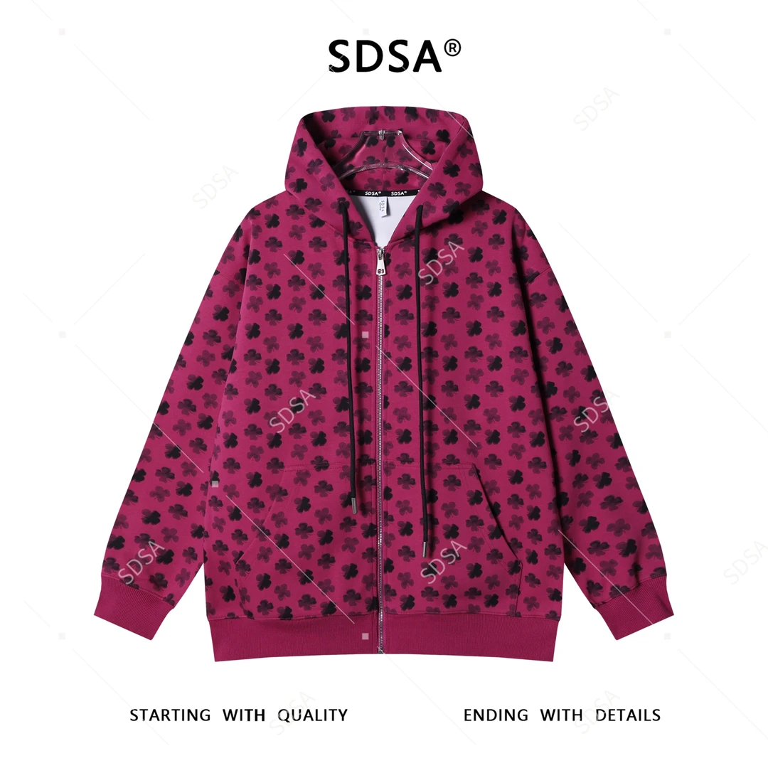 SDSA秋冬新款痞帅男装潮牌撞色四叶草印花拉链抽绳连帽卫衣开衫潮