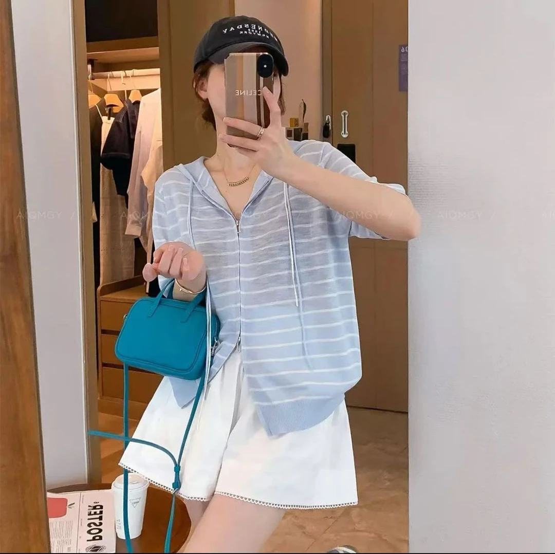 2025夏季新款大码条纹双拉链连帽竹节麻针织开衫女显瘦上衣G657#