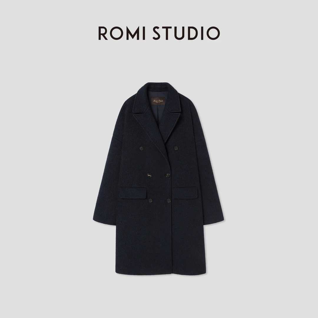 ROMI STUDIO“棕标甄选”100%绵羊毛双排扣宽松大衣外套RW24WWG0011