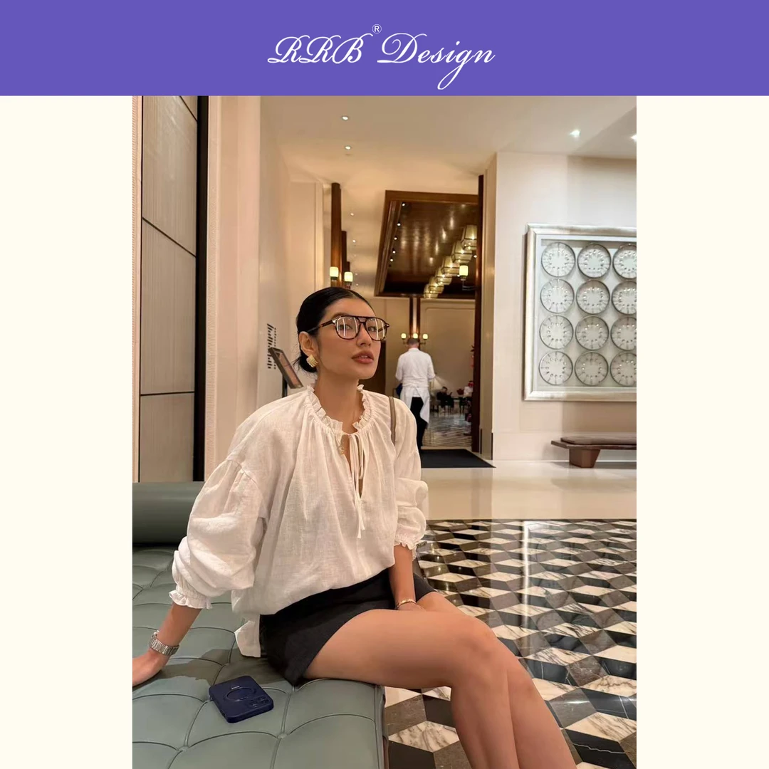 RRB Design「慵懒春日」100%亚麻法式复古气质抽褶木耳边系带上衣