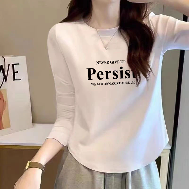 100%纯棉圆领2025减龄上衣女士洋气长袖不规则下摆气质T恤衫韩版