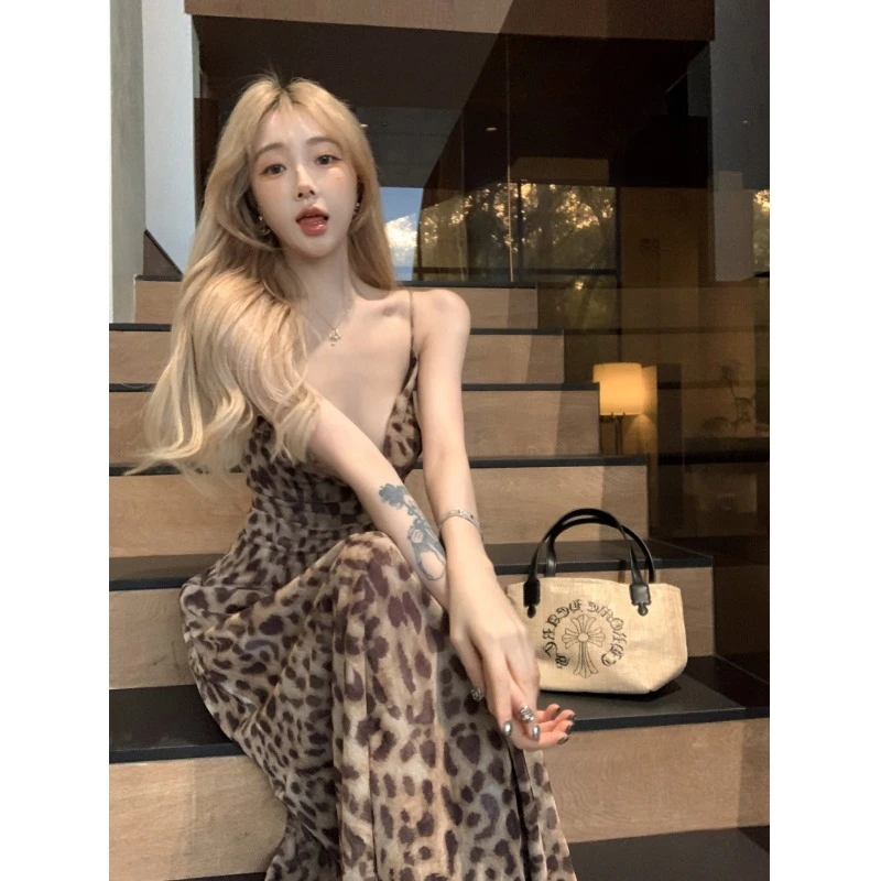 D261 修身吊带连衣裙碎花吊带裙轻熟气质豹纹连衣裙吊带夏季长裙