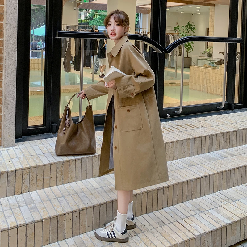 韩版单排扣宽松风衣外套女2025春季新款慵懒风显瘦通勤中长款大衣