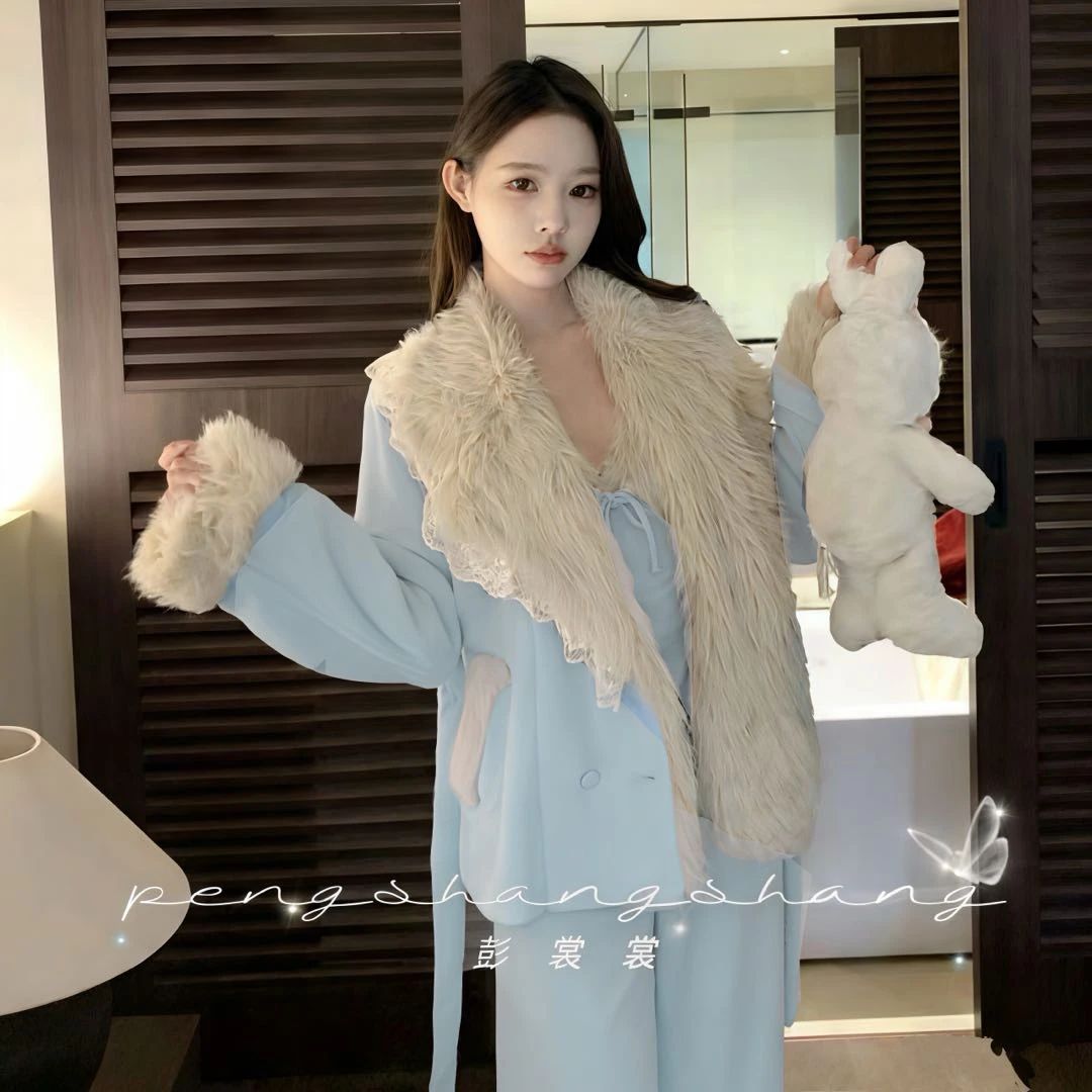 彭裳裳【蓝烟拢梦】冬装上新女士潮流保暖绒加厚睡衣舒适百搭居家服