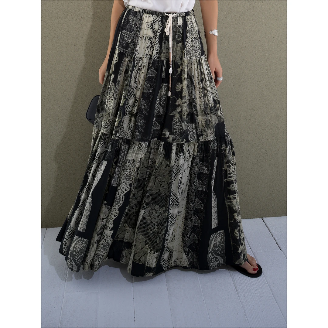 民族风印花 柔软/垂感 3层蛋糕裙 A字大摆贝壳扣长款半身裙212404