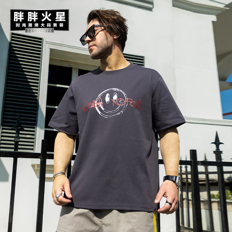 胖胖火星大码男装美式街头笑脸印花加肥加大宽松复古圆领短袖t恤