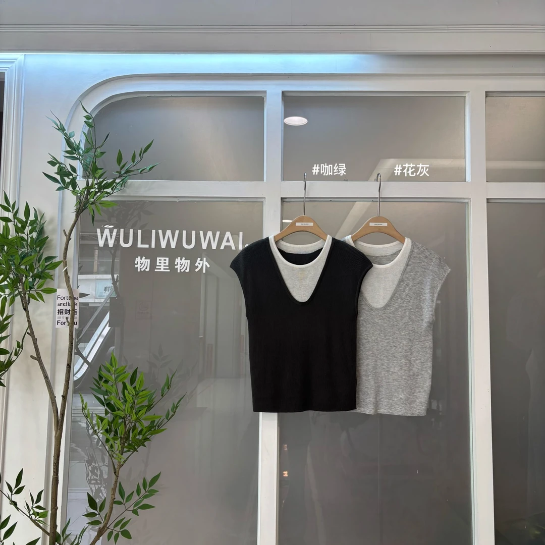 【NO退NO换】鑫燃KIKI 气质百搭潮流简约无袖假两件上衣 89096 WU