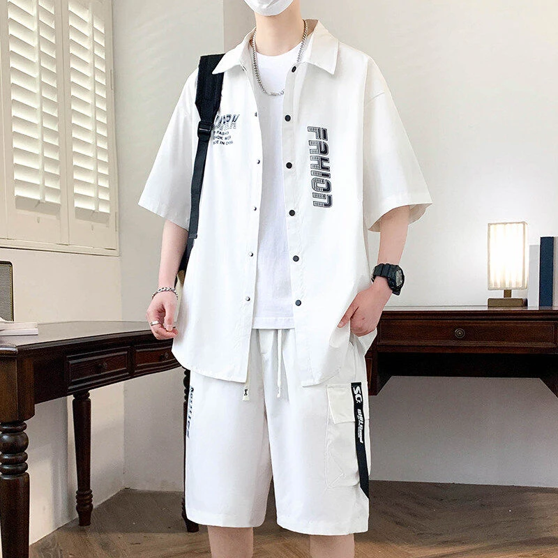 2025夏季新款套装青少年学生时尚潮流百搭衬衫短袖短裤两件套装男