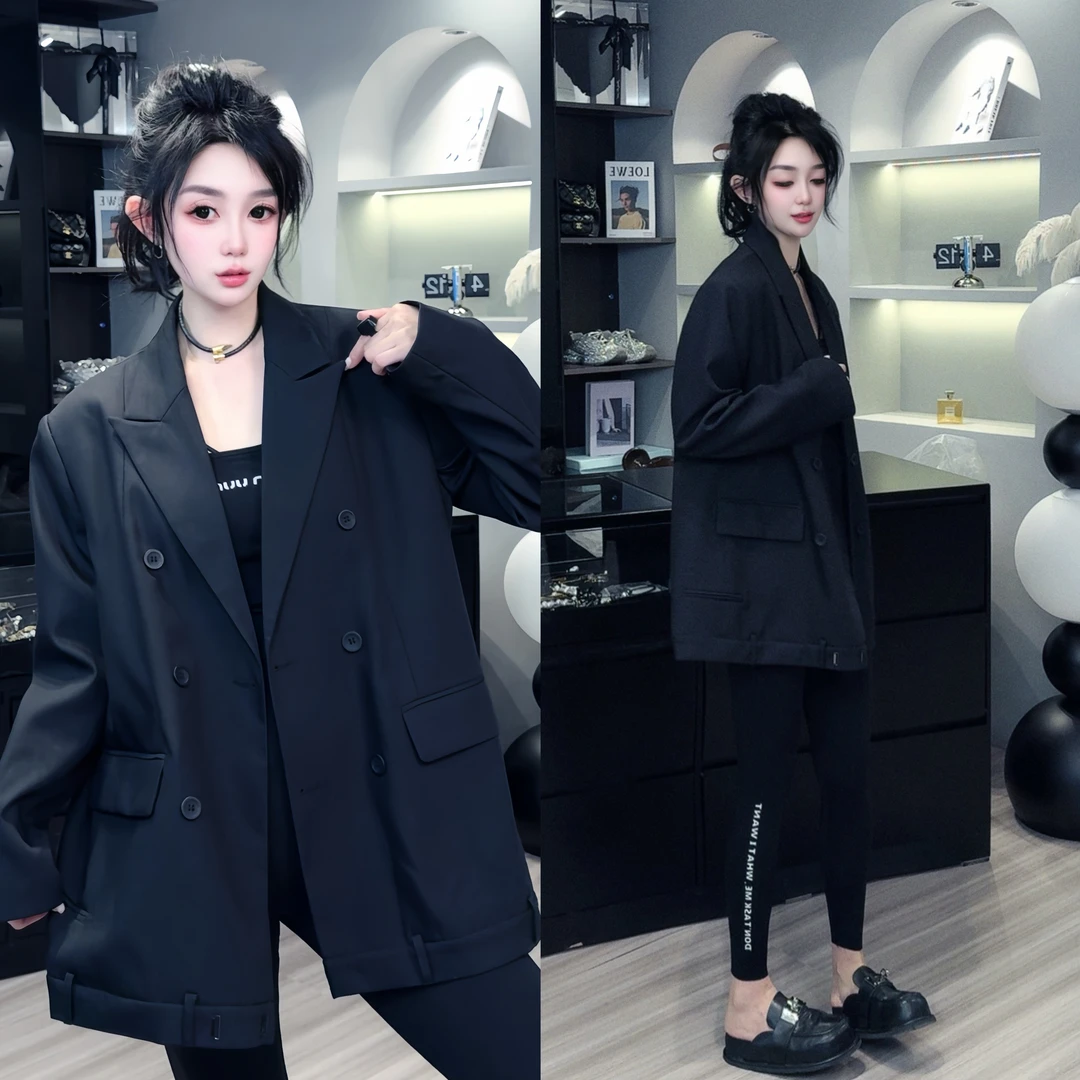 2025春季新款韩系西服设计感双排扣廓形西装外套男友风大版小西服