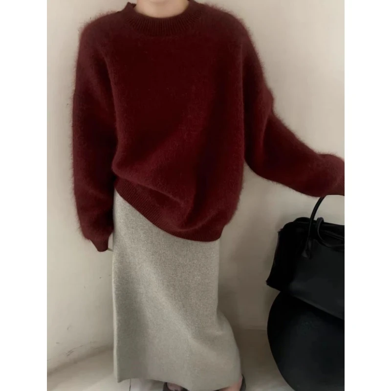 韩系百搭气质乌梅子酱针织衫毛衣加厚套头简约极简风纯色百搭套头