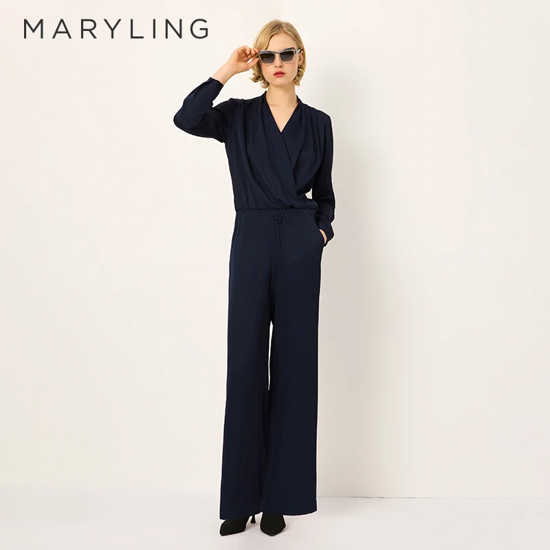 MARYLING玛俪琳2025春季新品深蓝色橡筋腰头垂感阔腿裤A1FBW51080