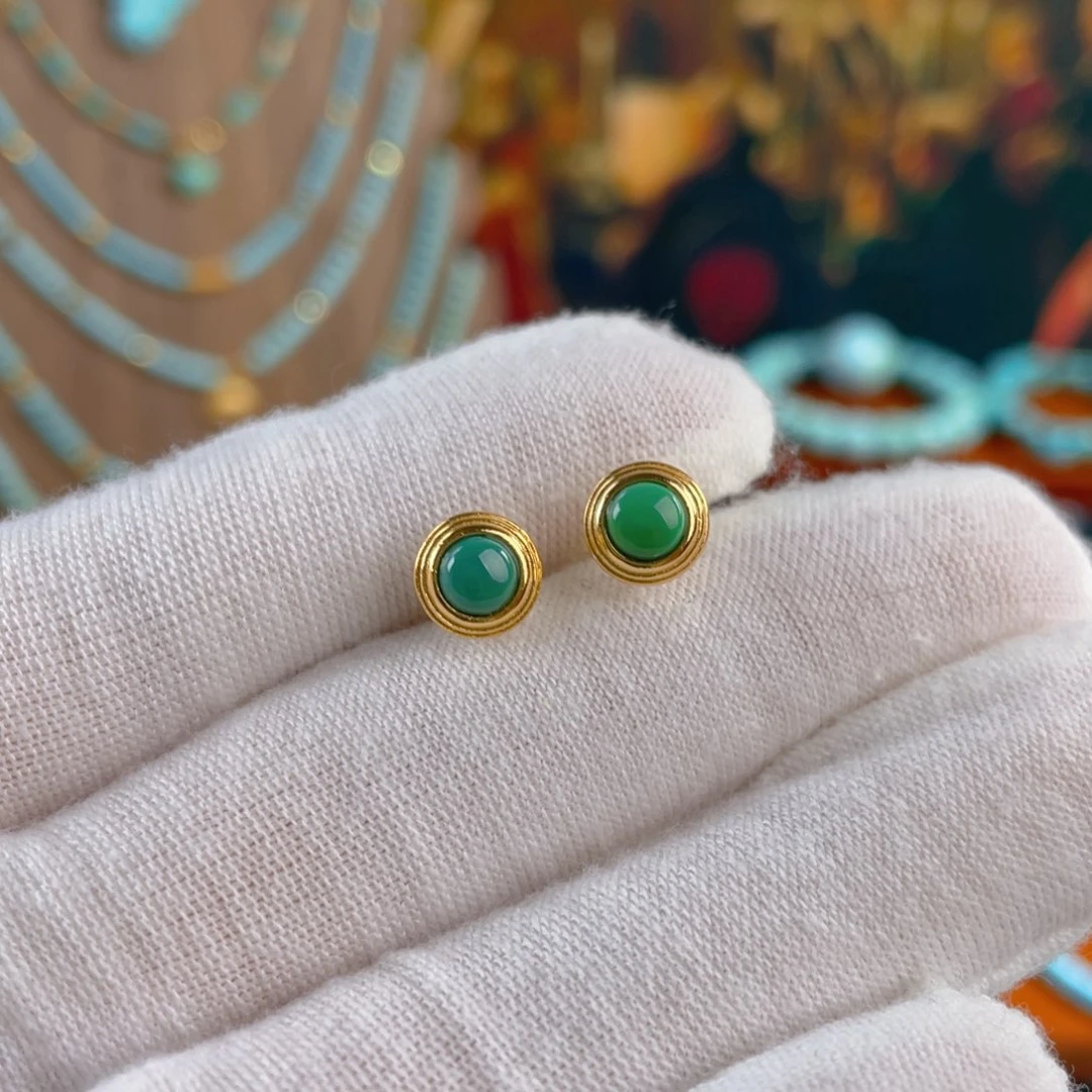 绿松石银S925镶嵌珠宝半成品瓷釉玉化蛋面耳钉