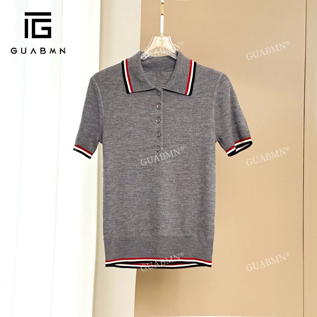GUABMN2025夏季新款小众条纹撞色修身针织短袖polo衫3923