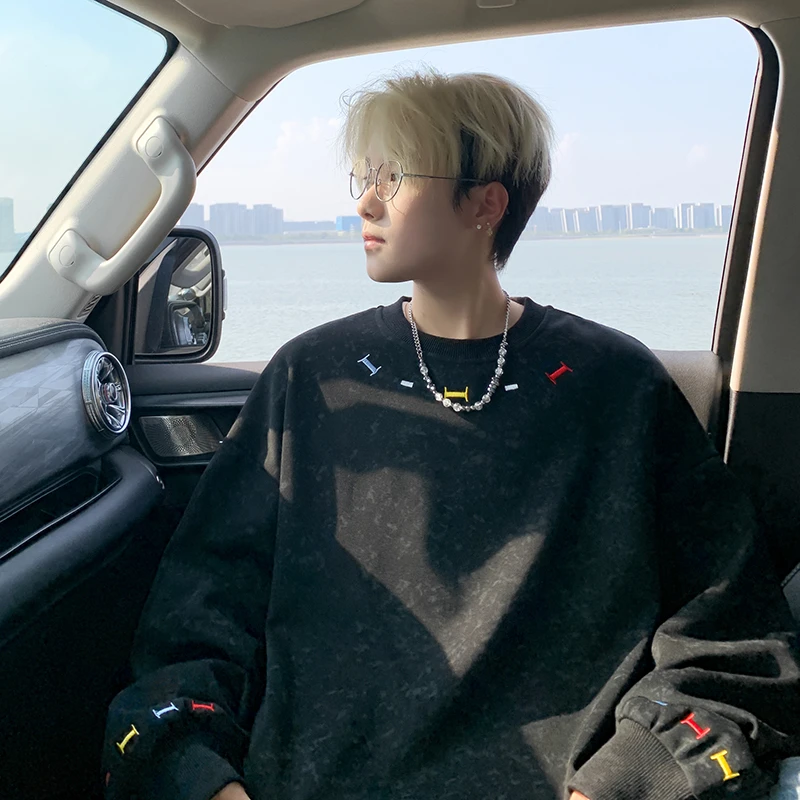 小众设计感刺绣圆领卫衣男秋冬加绒加厚潮牌扎染重磅宽松情侣外套