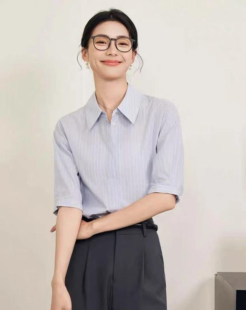 HangPai【条纹美学】夏季条纹短袖衬衫职业通勤上班族面试小众衬衣