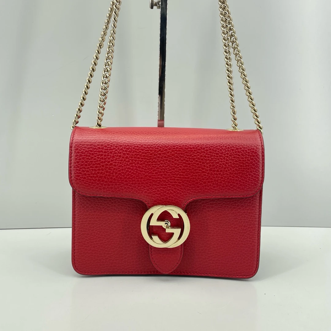 95新 GUCCI/古驰 优选/红色荔枝纹风琴链条包 20×16×9 Me041314