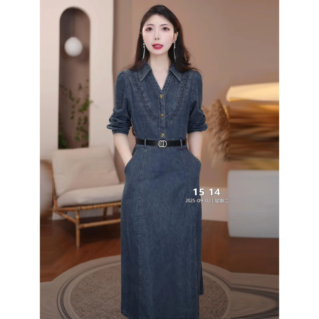 2025新款秋季时尚百搭休闲显瘦牛仔蓝长袖连衣裙气质洋气收腰显瘦