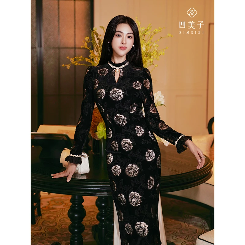 四美子【瑰夏】冬新款新中式长袖刺绣日常黑色显瘦改良旗袍连衣裙