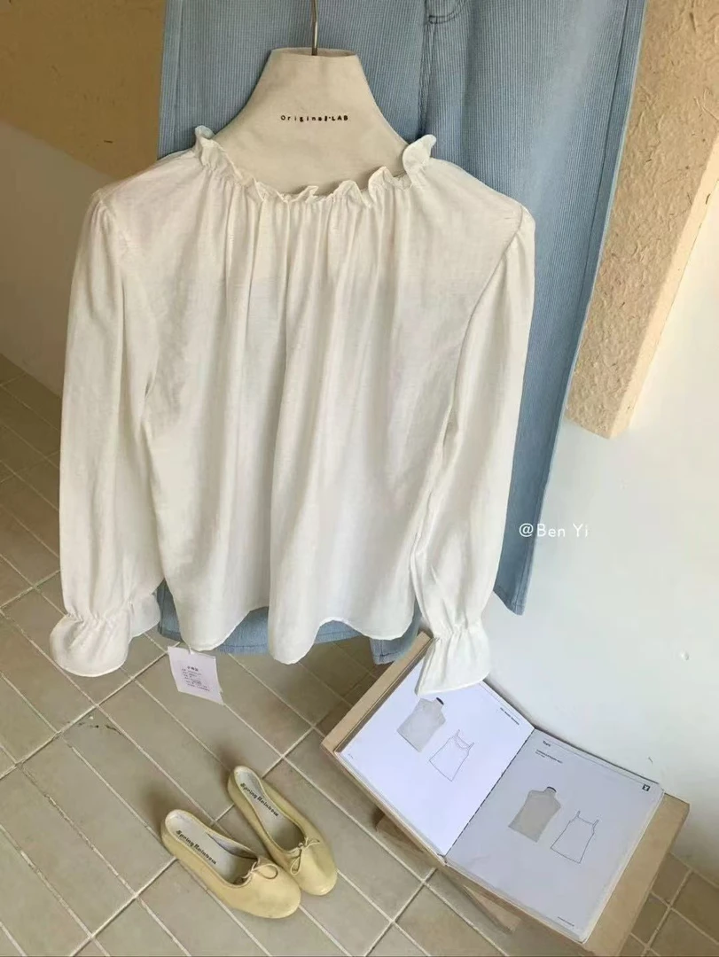 2501白色宽松褶皱长袖衬衫甜美小清新上衣