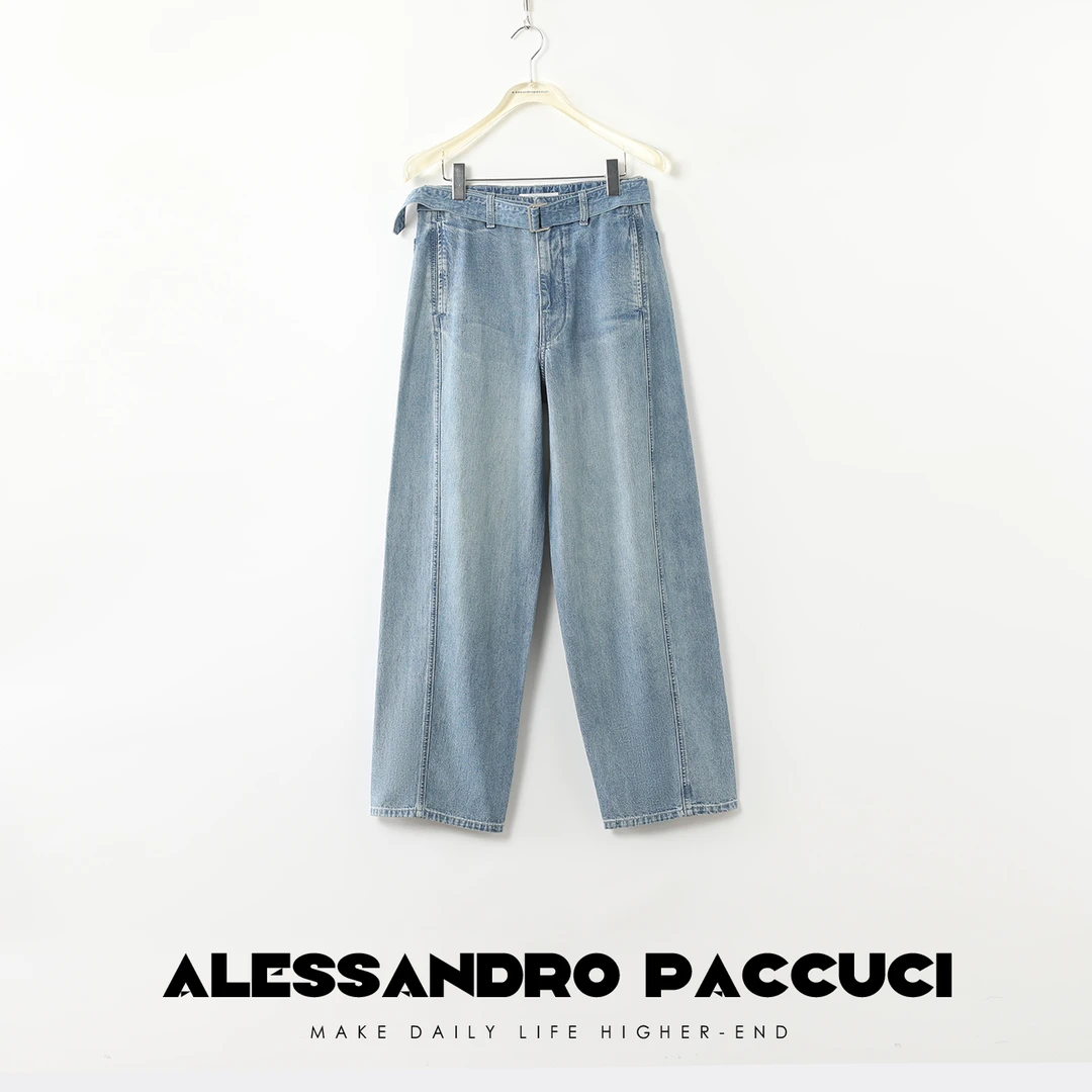 AP洛哥421023NK全棉蓝色腰带萝卜裤宽松慵懒百搭牛仔裤