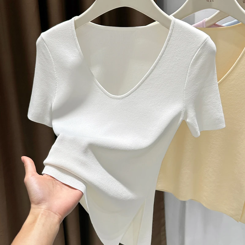 低领性感微透针织正肩短袖上衣夏季V领简约T恤开叉下摆设计感内搭