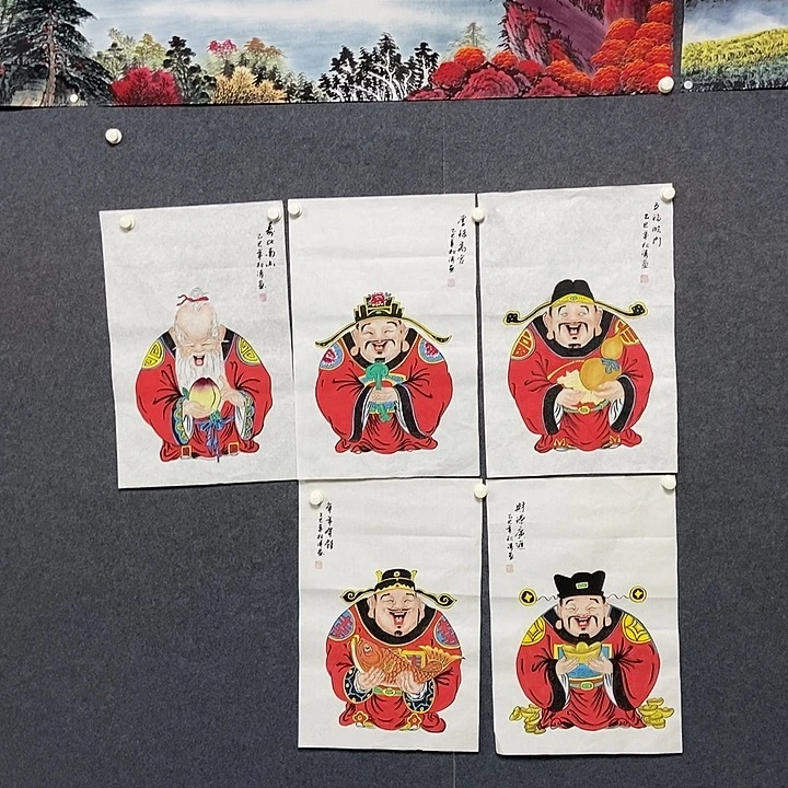 国画五幅福禄寿喜财