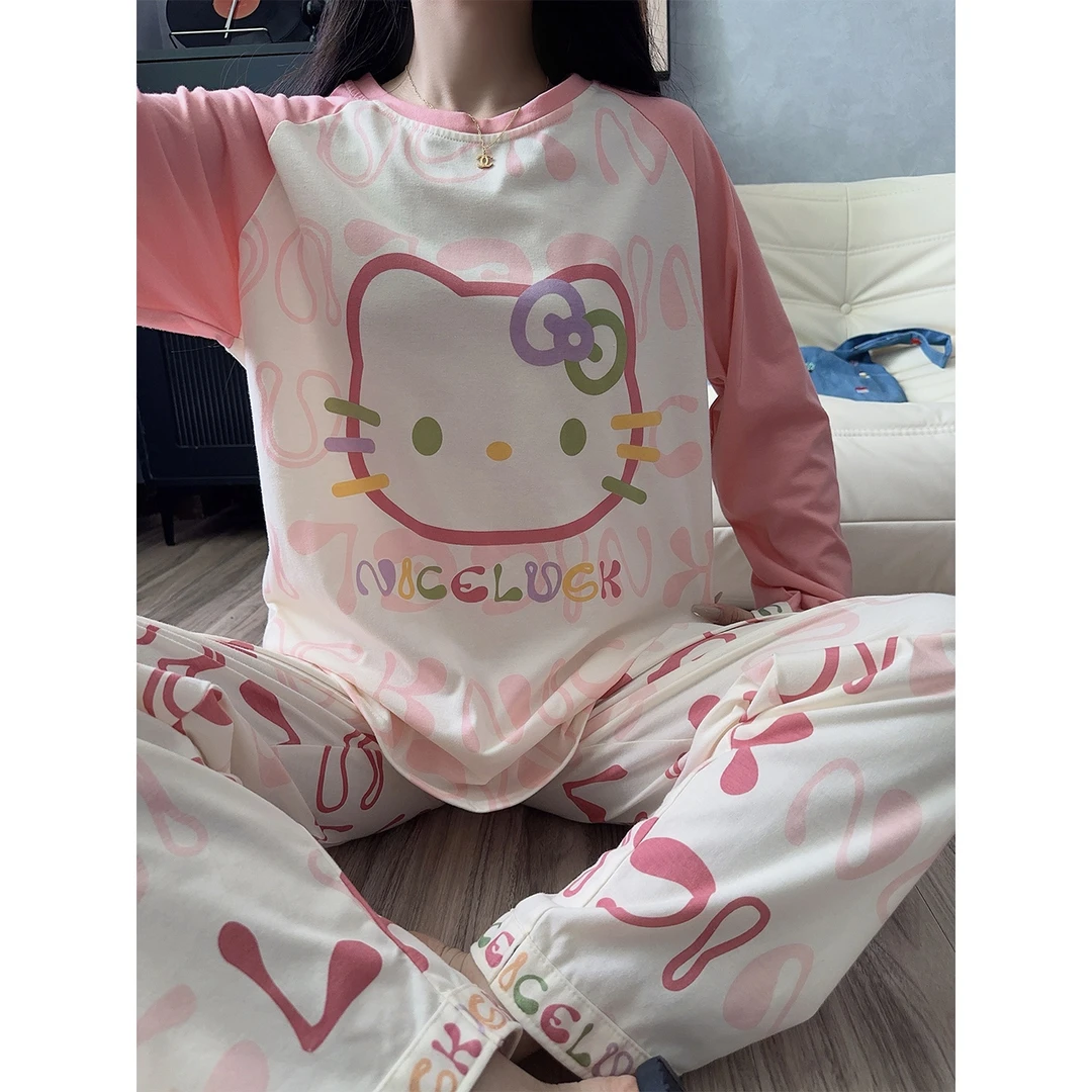 KT猫睡衣女款2025新款可爱风长袖纯棉少女春秋季家居服套装冬