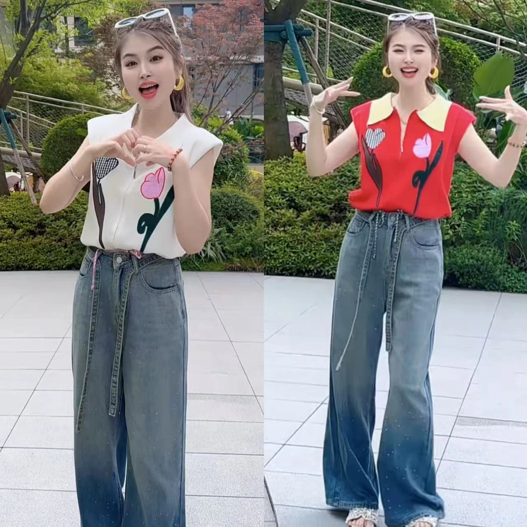 【月月专享】草莓可颂&韩版撞色拉链花朵刺绣Polo领上衣XXJ-Z00855