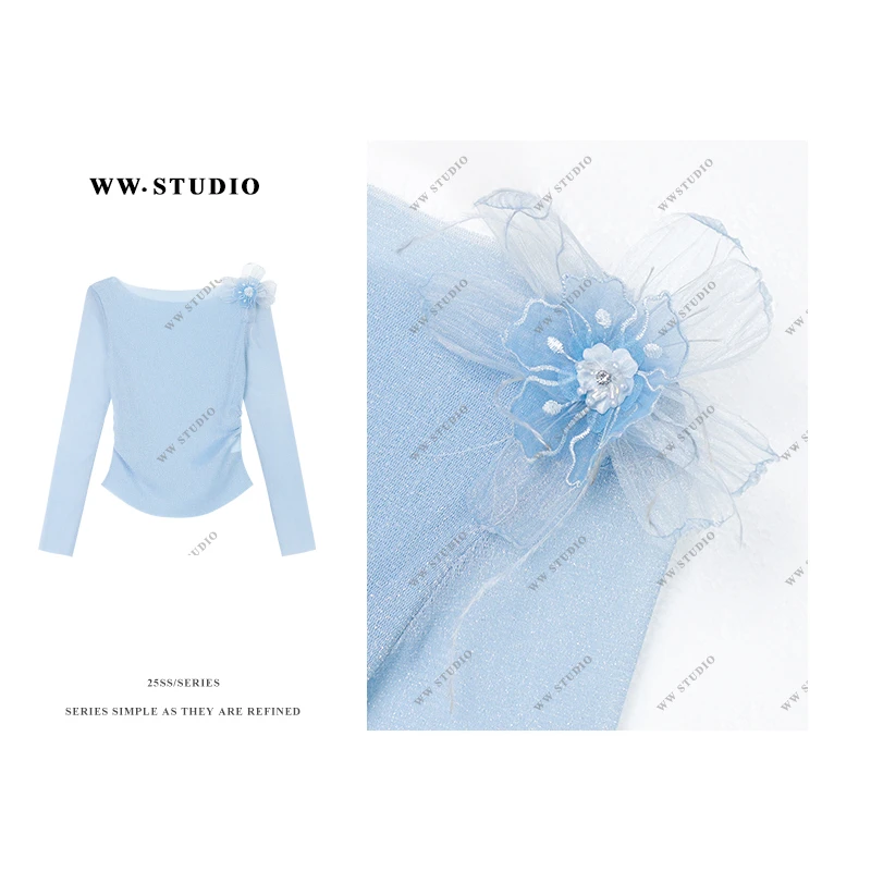 【W·雯】法式长袖T恤女夏季新款立体花朵不规则上衣BL-4484