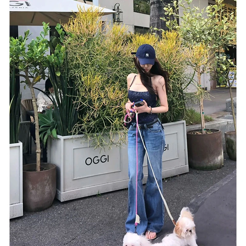 【落日人鱼湾】辣妹吊带背心女重工烫钻挂脖上衣配高腰阔腿牛仔裤女