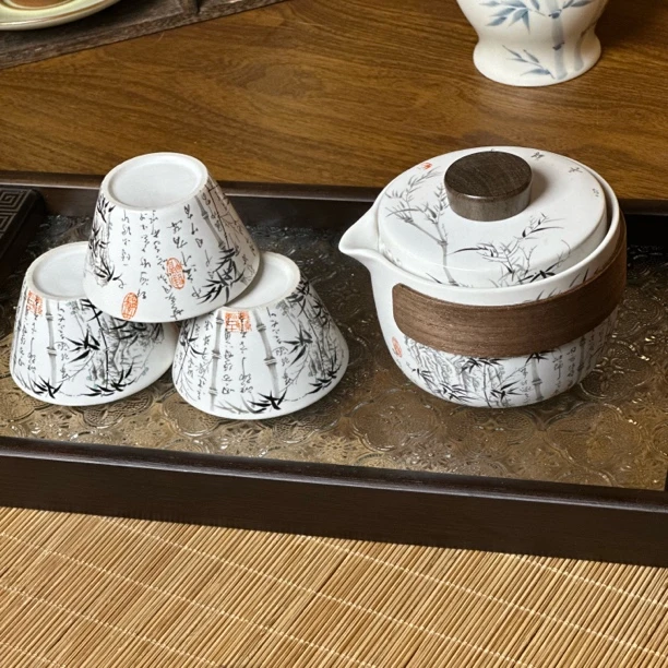 【陶野】墨竹旅行茶具套组便携一壶三杯裸瓷