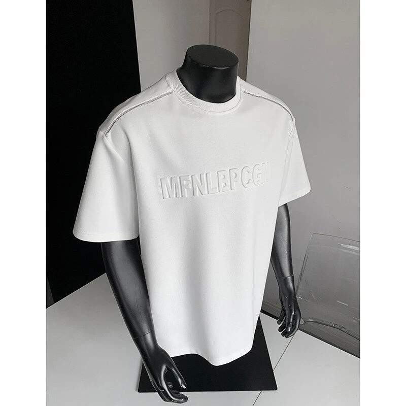 美式字母钢印短袖体恤男夏季重磅硬挺宽松体恤拉链设计百搭五分袖