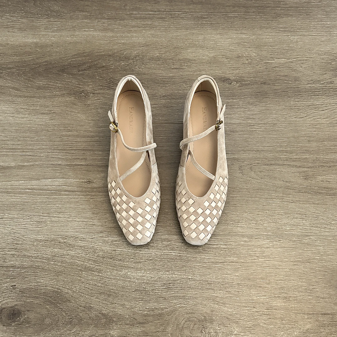 Dannyfrey通勤复古风真皮编织玛丽珍鞋女一字扣带浅口单鞋