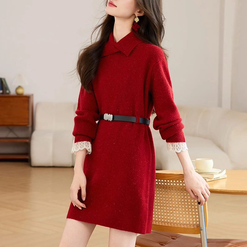 妈妈红色连衣裙女秋冬2025新款配大衣针织毛衣裙收腰显瘦打底裙子