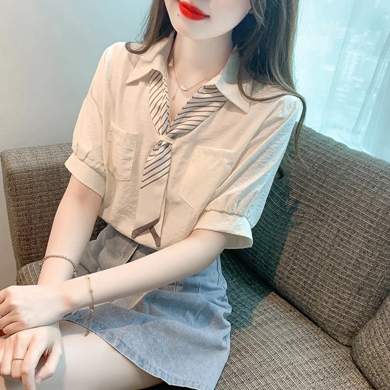 2025年夏季新款减龄小众冷淡系时尚别致设计感气质领结女短袖衬衫