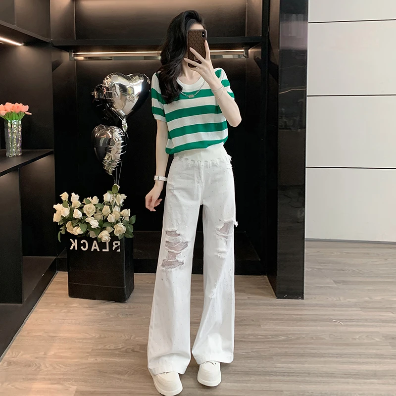 韩版时尚套装女夏季洋气减龄条纹短袖针织衫高腰阔腿牛仔裤两件套