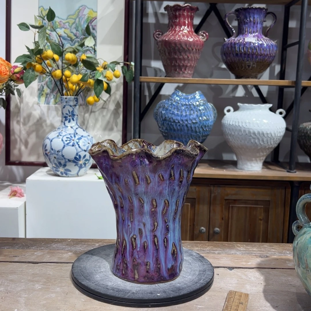 摆件陶瓷花瓶高18口7微瑕盘泥