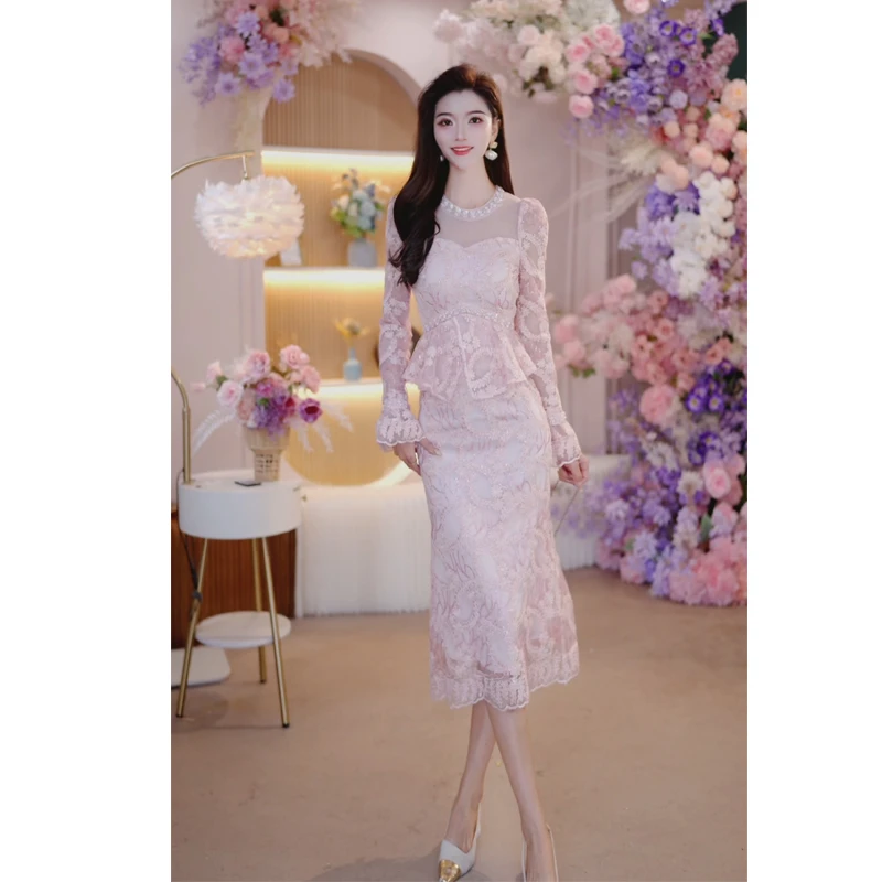 2025秋季新款女装时尚气质蕾丝修身显瘦设计师长袖法式连衣裙1855