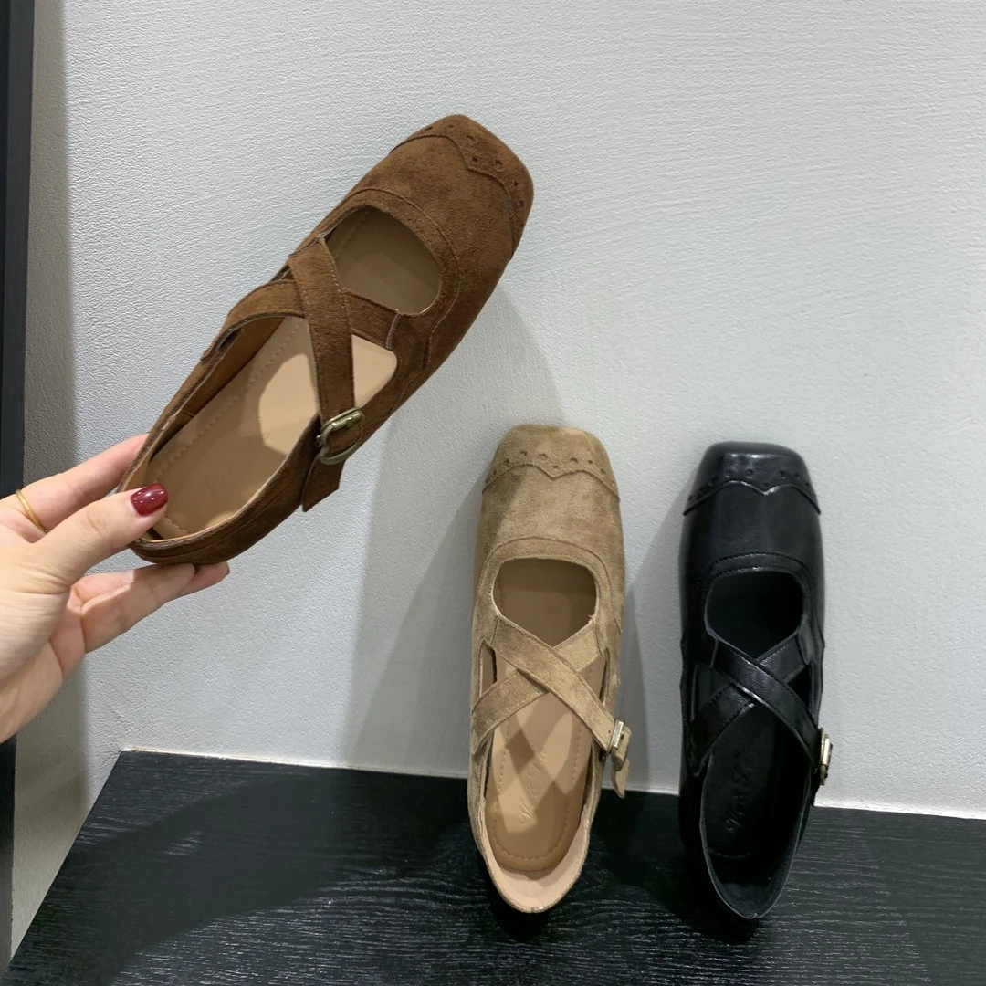 WL-1123-7法式平底交叉玛丽珍鞋女鞋子早秋款复古棕色方头芭蕾舞