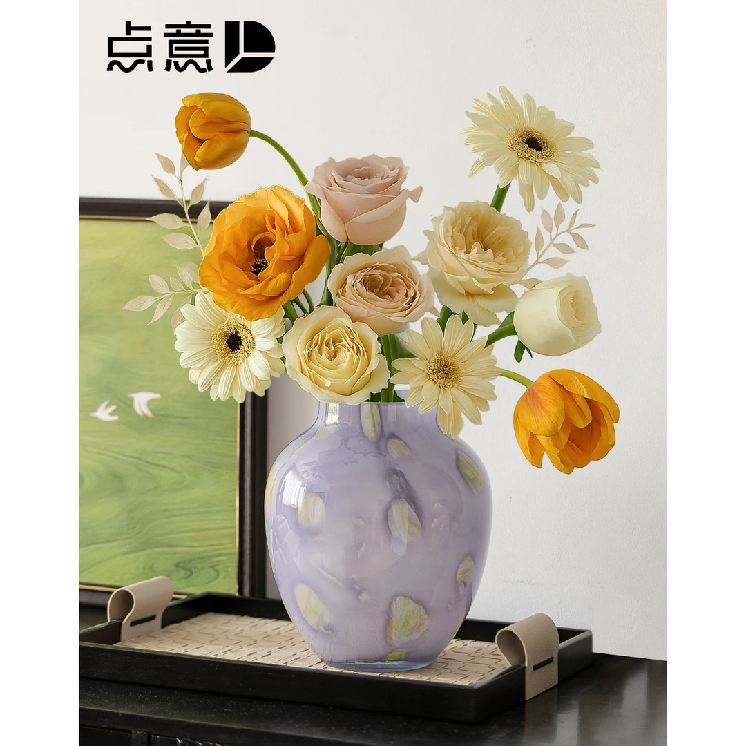 紫色琉璃花瓶高级感水养鲜花百合玫瑰新中式大肚不规则色块ins风