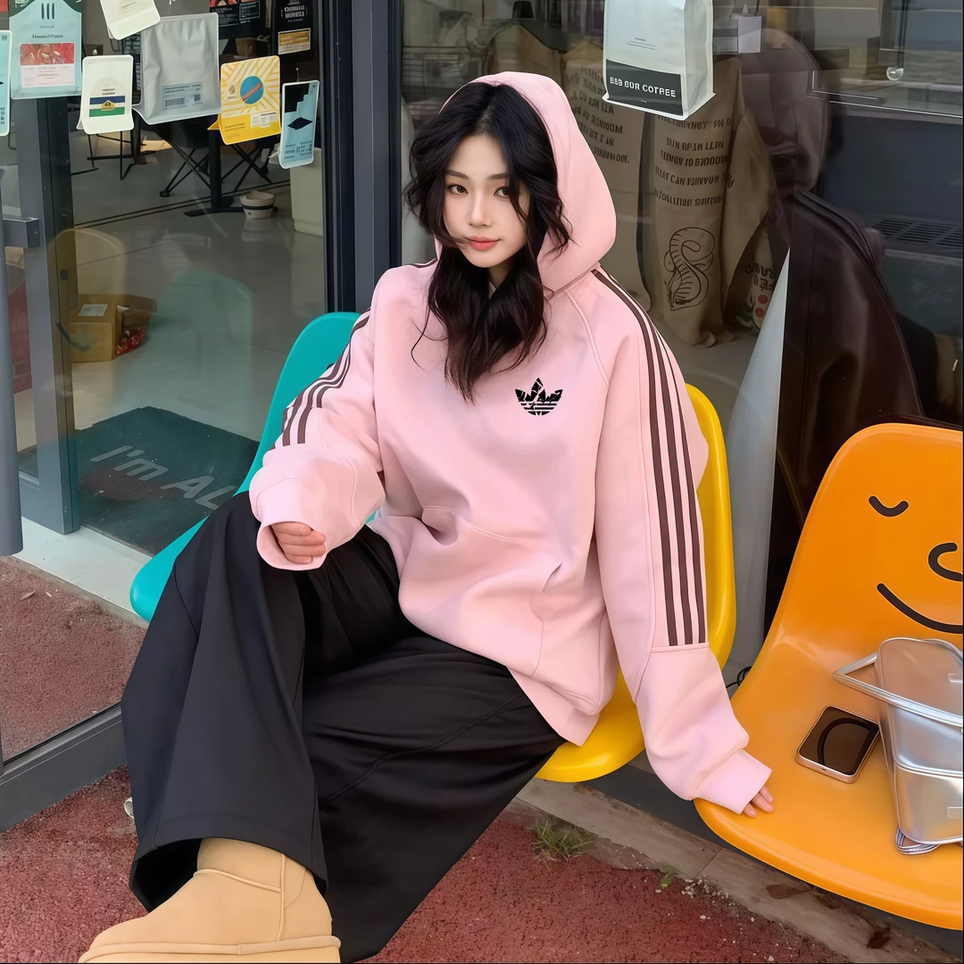 品牌折扣丨奥特莱斯连帽卫衣oversize三条杠小个子纯欲慵懒风女装