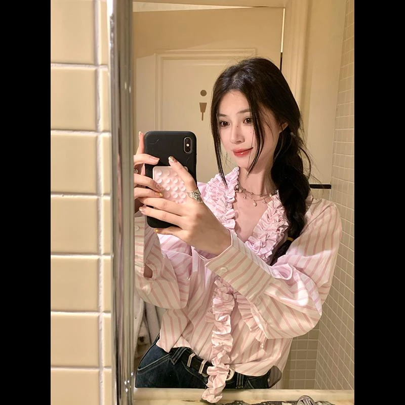 粉色条纹木耳边v领长袖衬衫女装秋冬别致独特设计感小众衬衣上衣