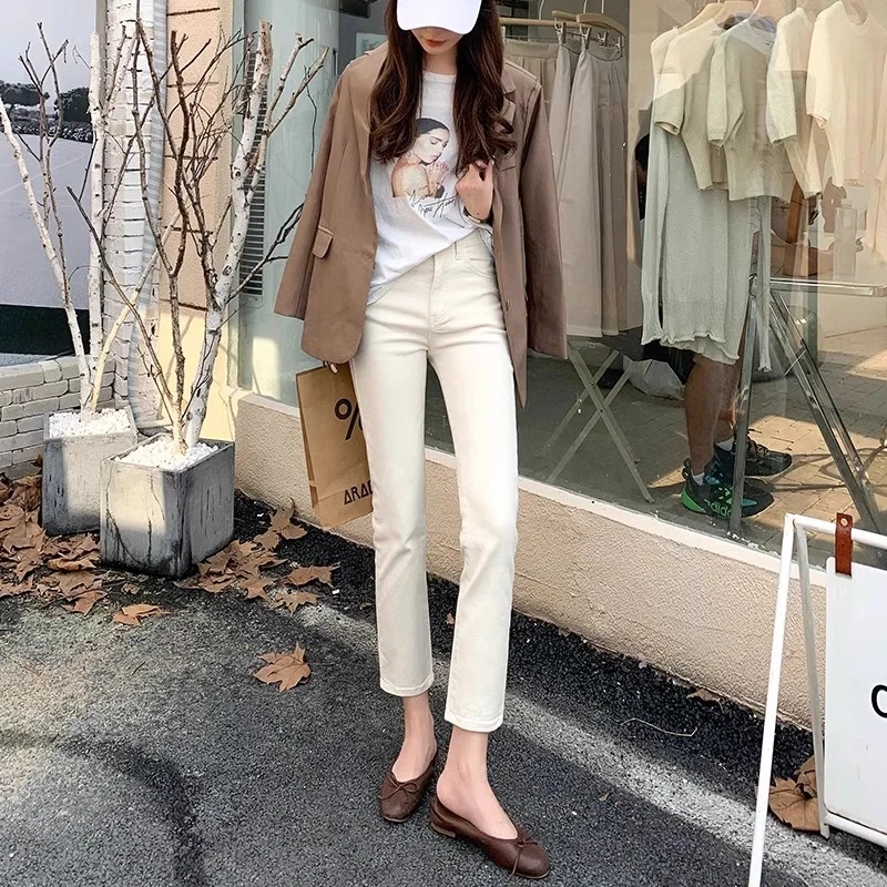 米白色烟管直筒法棍牛仔裤女春秋夏季新款八分九分小个子百搭长裤