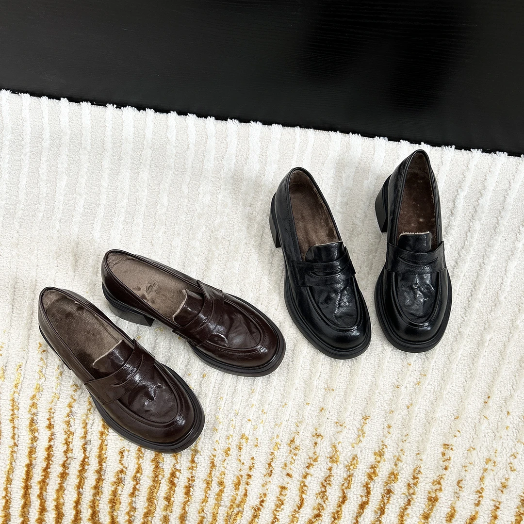 5.5cm/2744羊皮粗跟英伦风真皮复古加绒单鞋秋冬休闲乐福鞋女