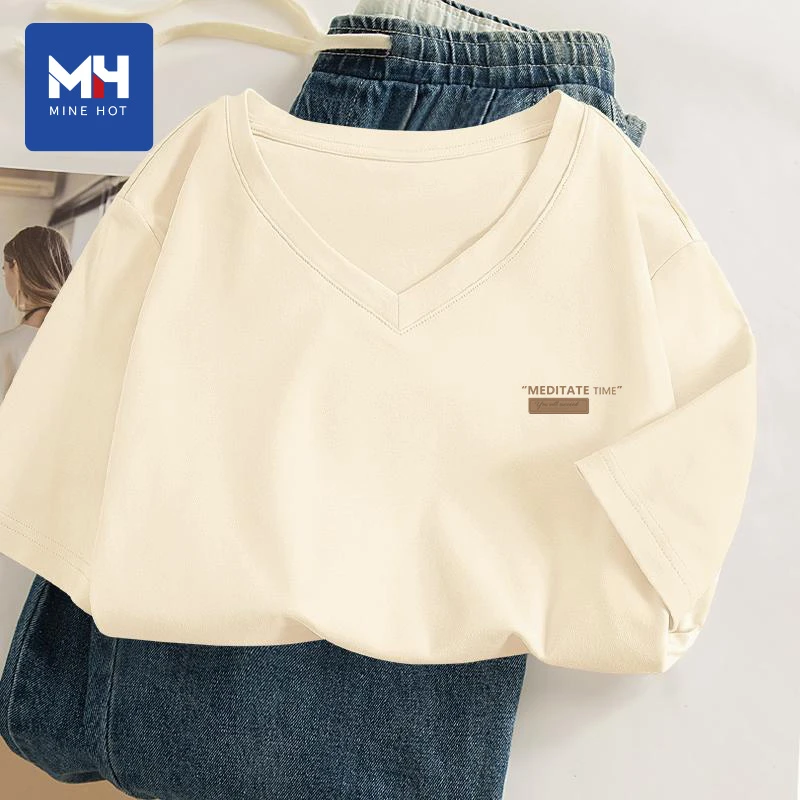 唐狮集团MH奶白短袖t恤女2025简约时尚夏季女装半袖正肩v领上衣H