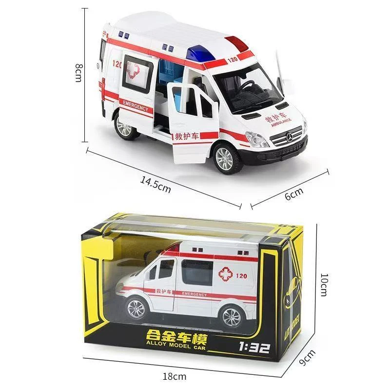 合金救护车五开门 车门可开 带灯光音效惯性车 长14.5厘米-礼盒