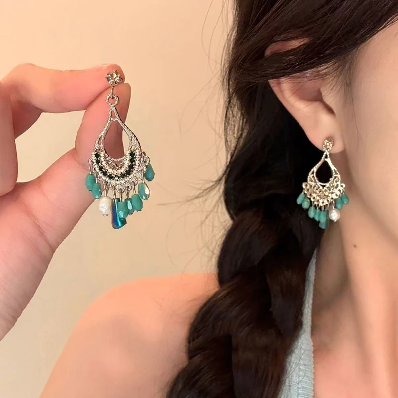 轻氧少女复古民族水滴流苏耳环小众设计波西米亚时尚洋气百搭耳饰