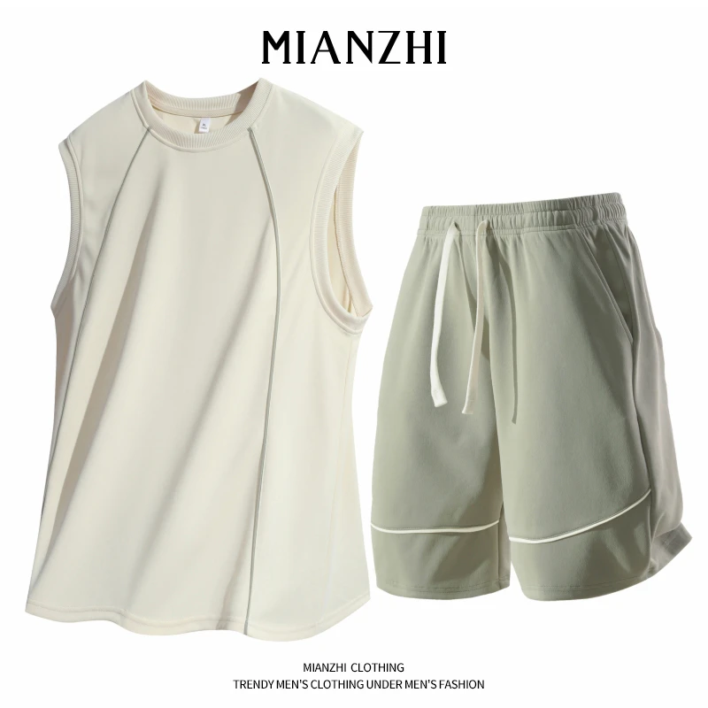棉致背心套装男夏季休闲运动T恤短裤宽松潮流搭配无袖坎肩两件套